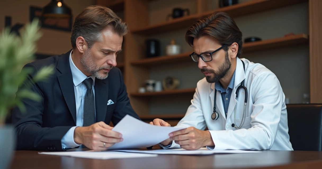 Advogado prestando consultoria jurídica a um médico. 