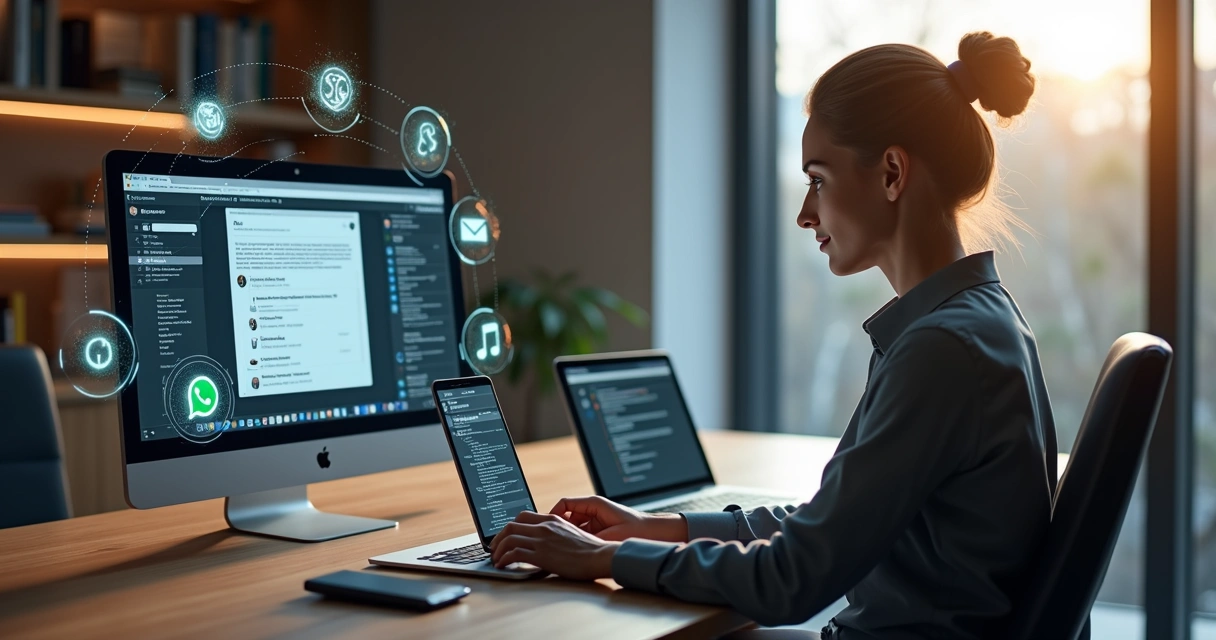 Advogado usando múltiplos dispositivos digitais para atendimento ao cliente multicanal em escritório moderno 
