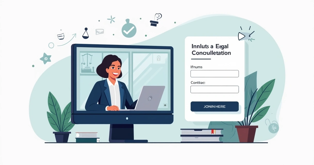 Ilustração de atendimento jurídico online com advogado e cliente em videoconferência 