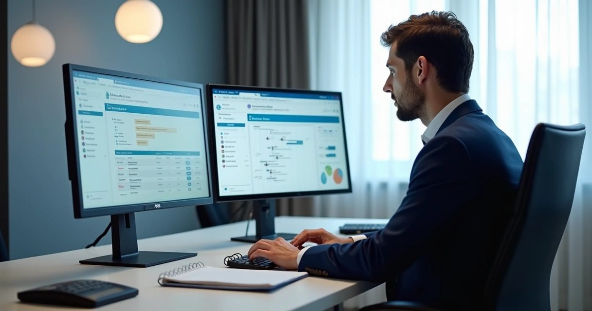 Advogado em atendimento digital com tela de gestão de processos