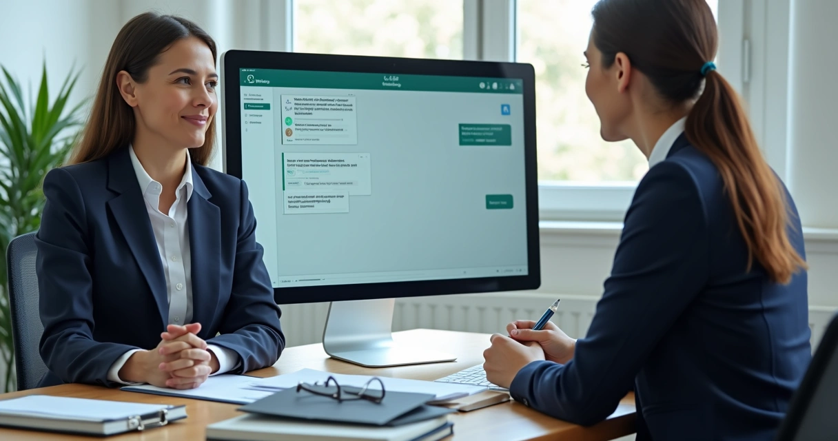 Atendimento jurídico WhatsApp com advogada e cliente em ambiente corporativo