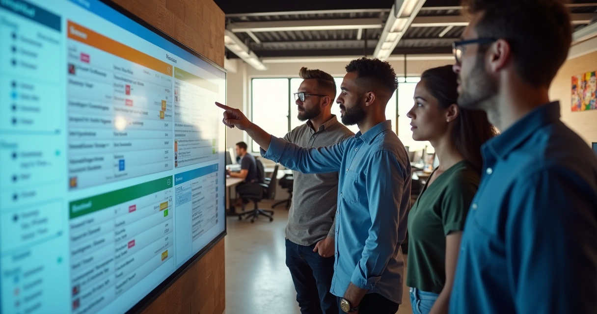 Equipe de atendimento colaborando em frente a quadro Kanban digital 