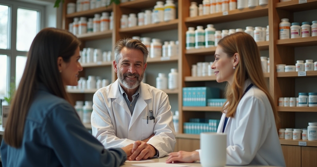 Atendimento humanizado em farmácia de manipulação com consultora explicando produtos personalizados para cliente após análise. 