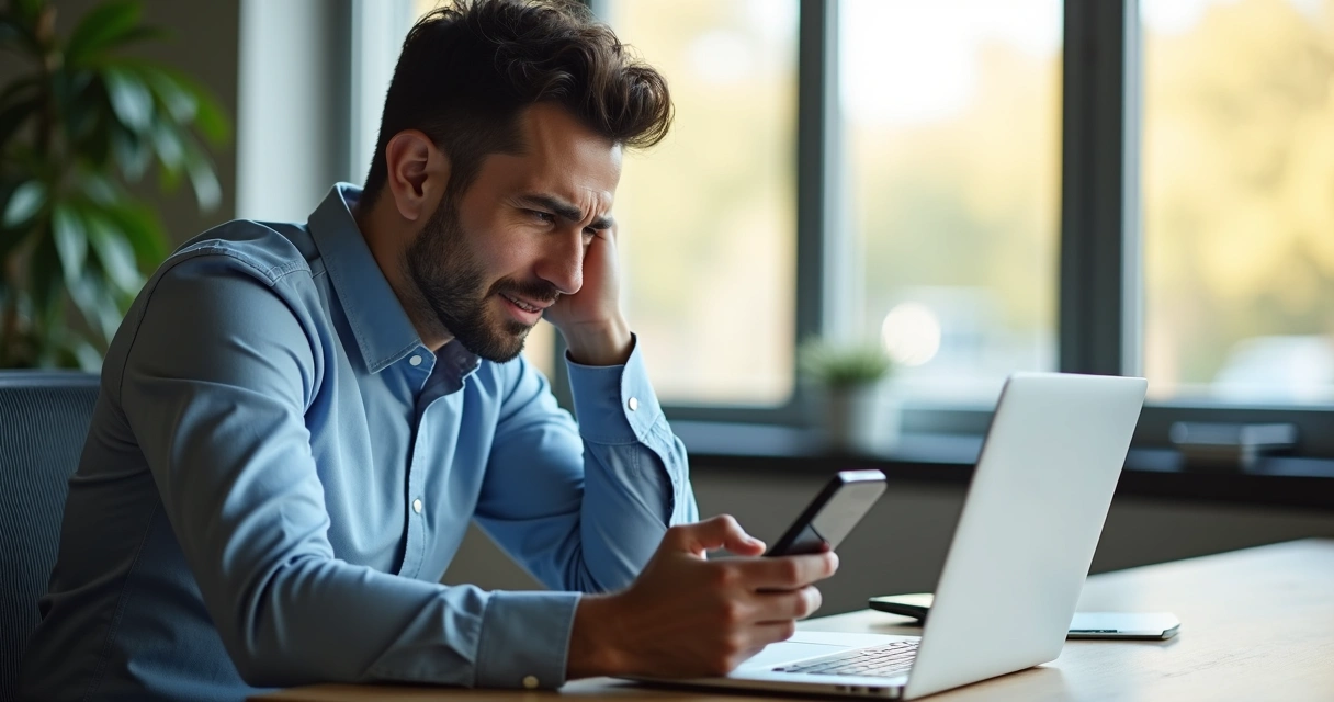 Cliente aguardando no celular mostrando expressão de insatisfação 