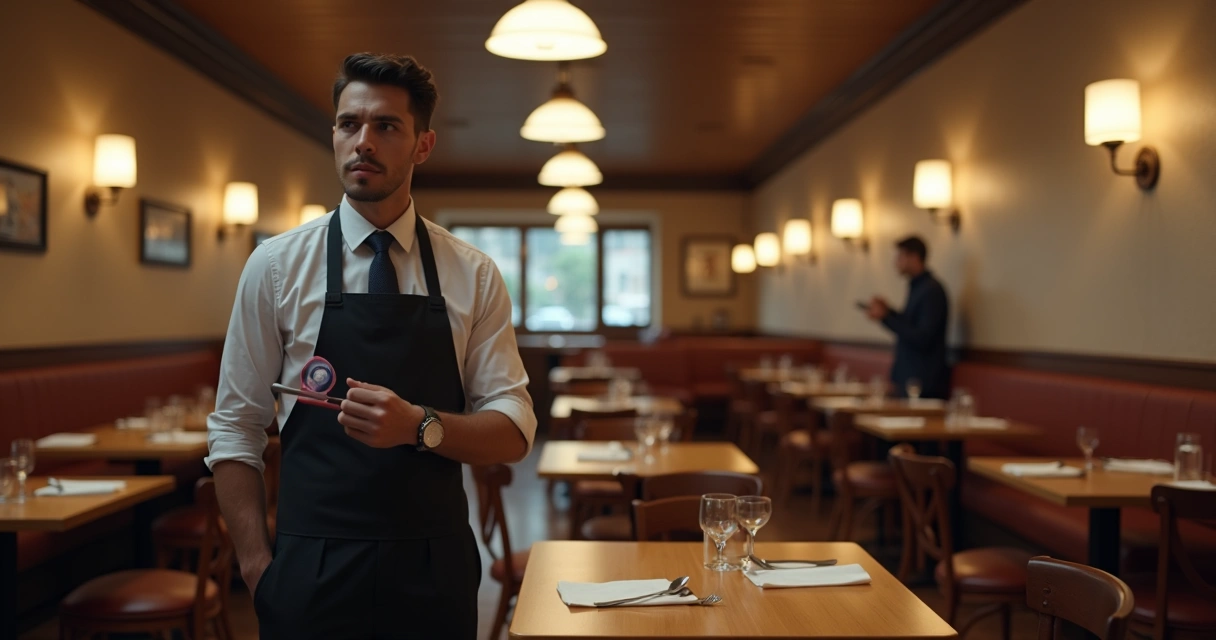 Garçom olhando para uma mesa vazia em restaurante