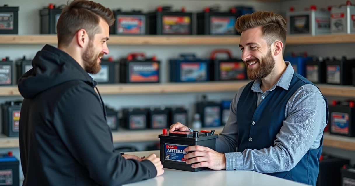 Funcionário de loja explicando bateria para cliente 