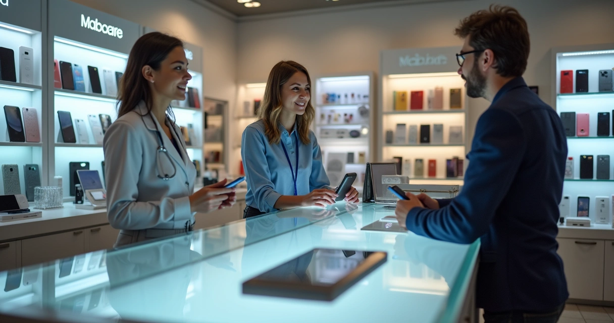 Atendimento em loja de celular com vendedor e cliente no balcão