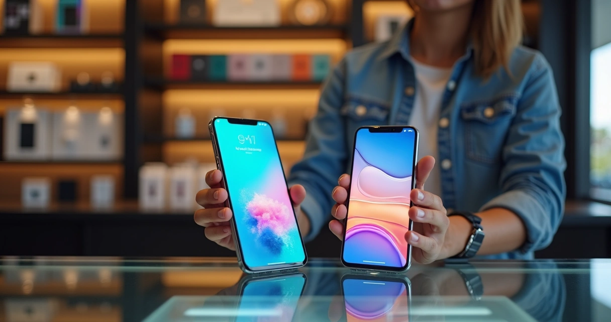 Vendedor mostrando dois smartphones premium para cliente em loja