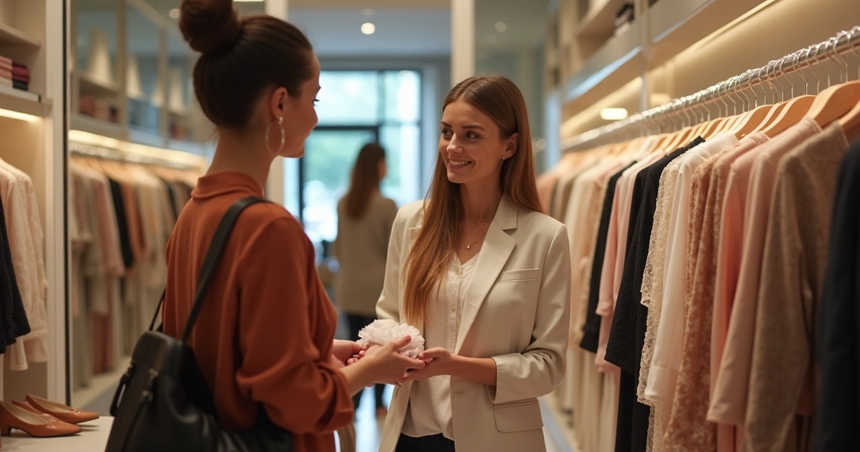 Atendimento em loja de roupas com consultora mostrando peças para cliente 