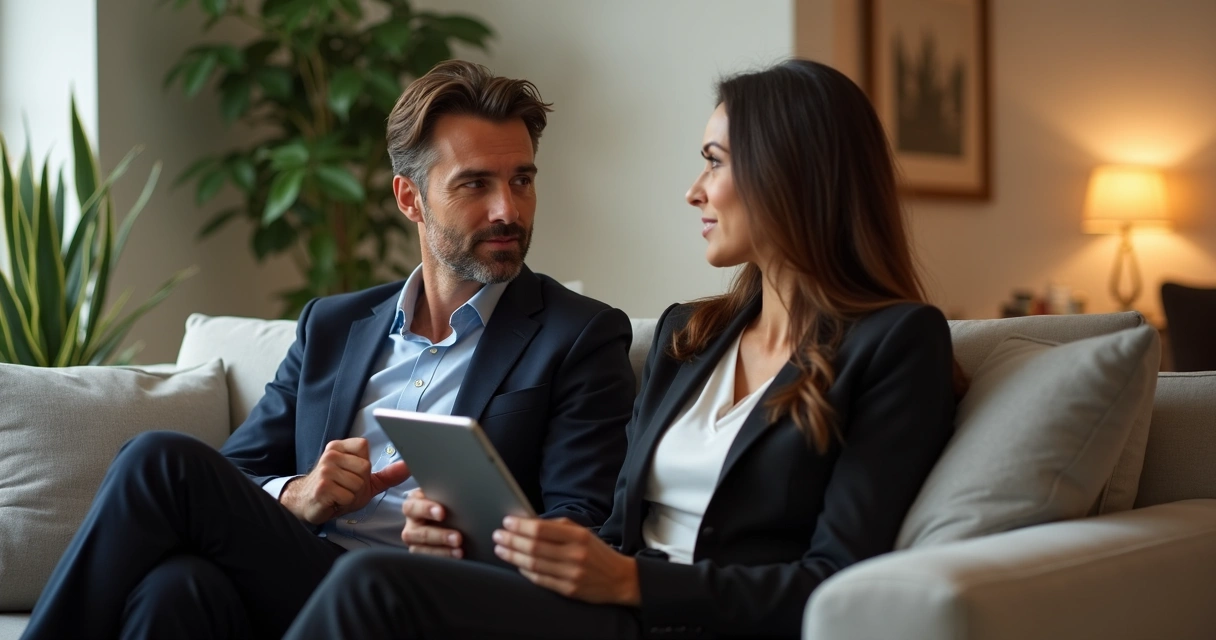 Cliente conversa com acompanhante sentados em sofá elegante 