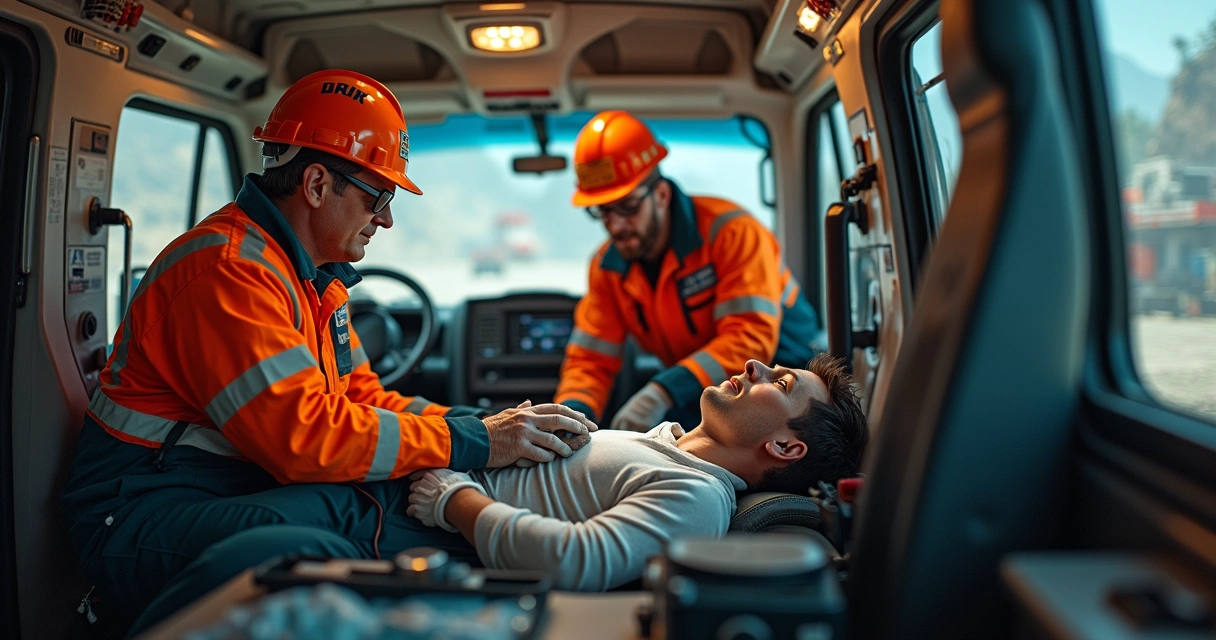 Trabalhador minerador recebendo atendimento médico em ambulância 