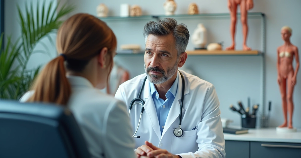 Médico atende paciente em consultório moderno 