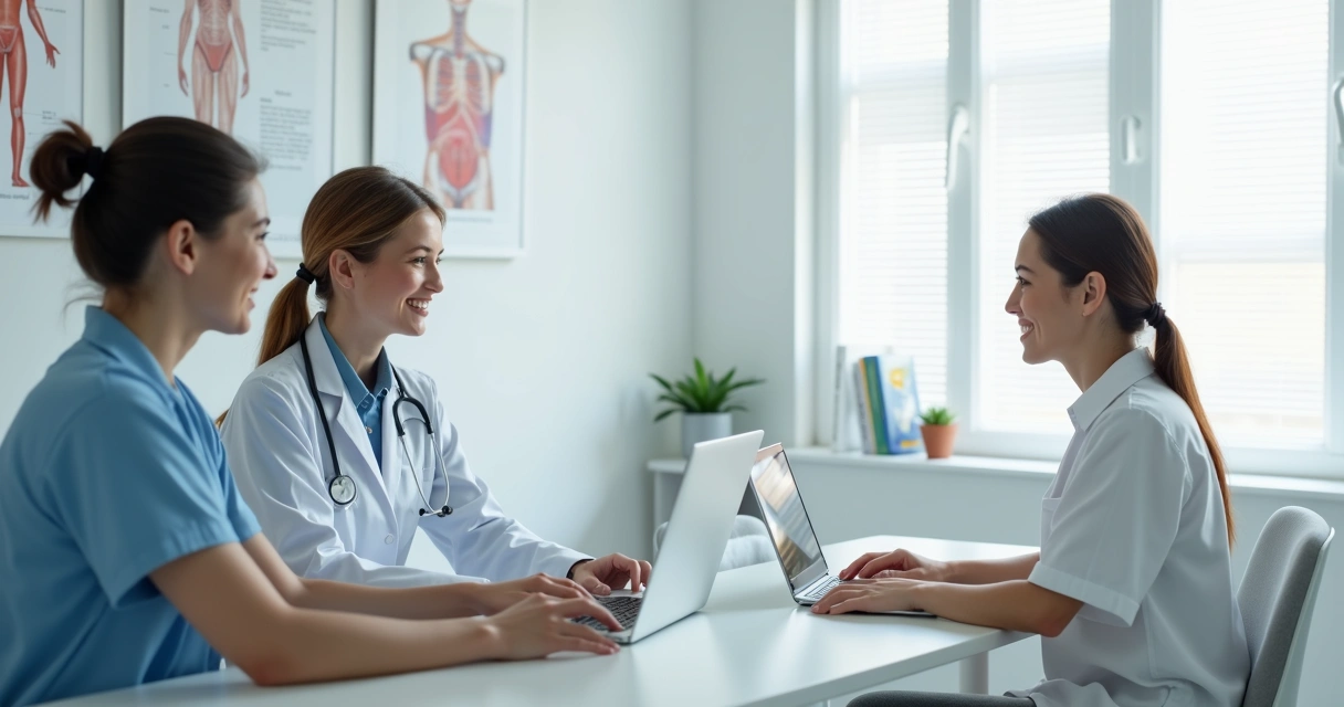 Médica conversando com paciente através de chamada de vídeo em consultório moderno 