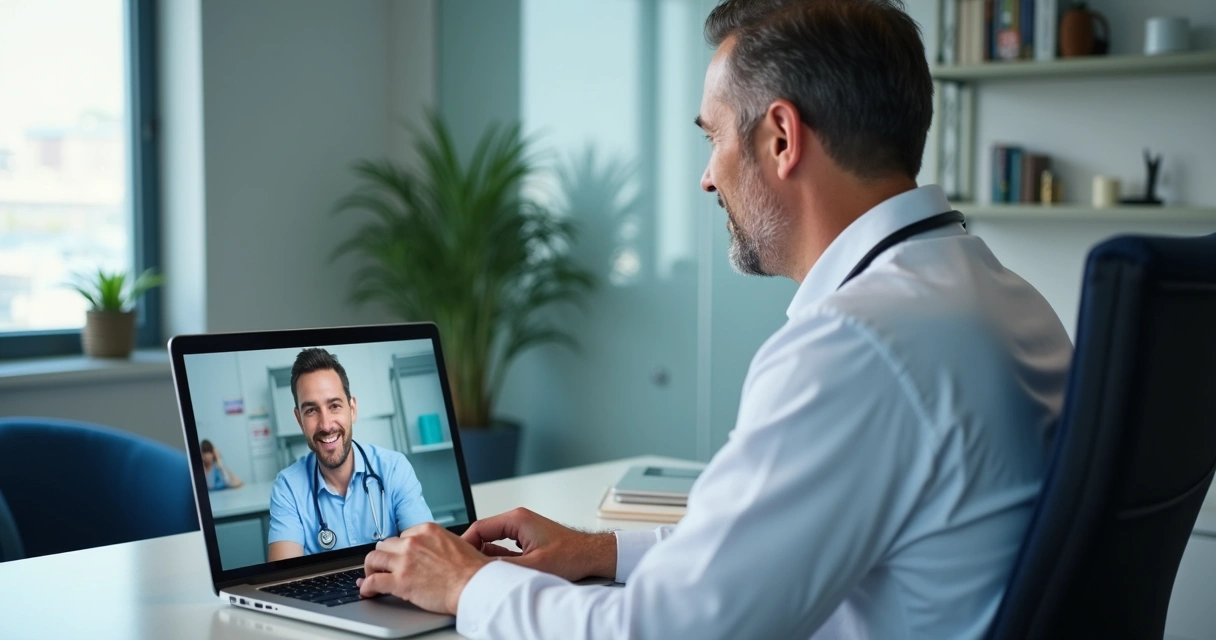 Médico em clínica integrando telemedicina e atendimento presencial 