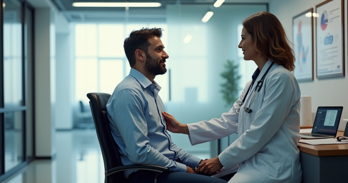 Profissional de saúde realizando exame ocupacional em ambiente corporativo 