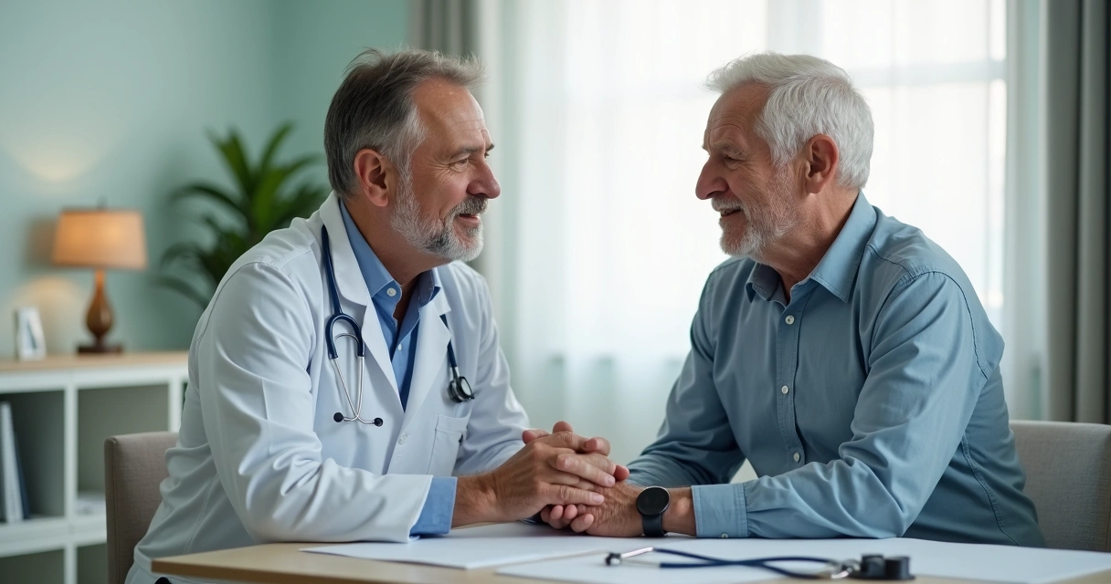 Médica conversando calma com idoso em consultório 
