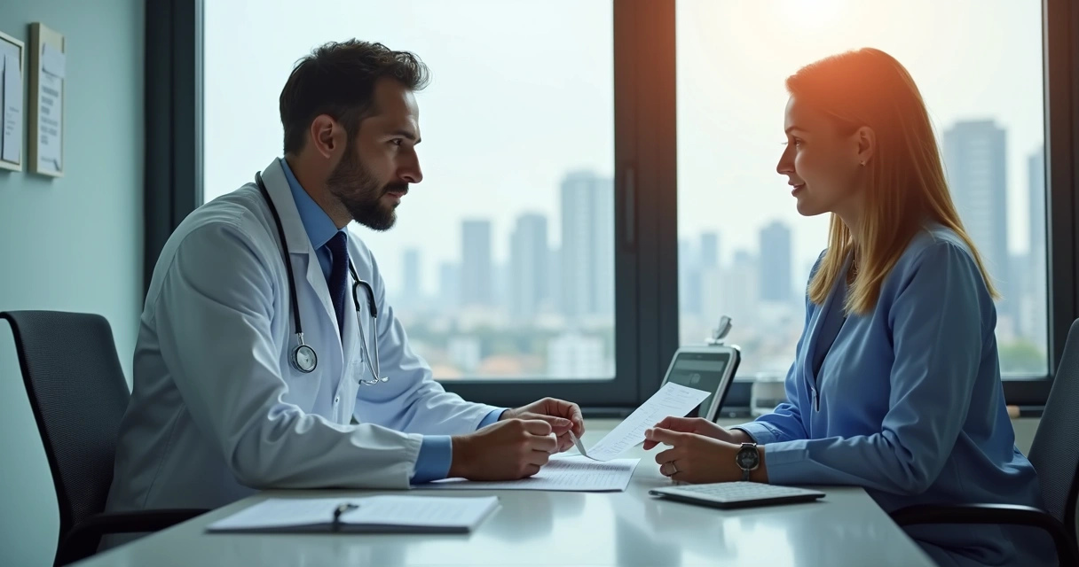 Médico conversando com estudante brasileiro em consultório no exterior 