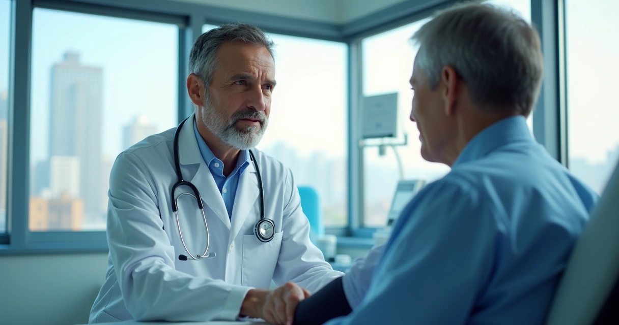 Médico estrangeiro atendendo paciente em hospital moderno 