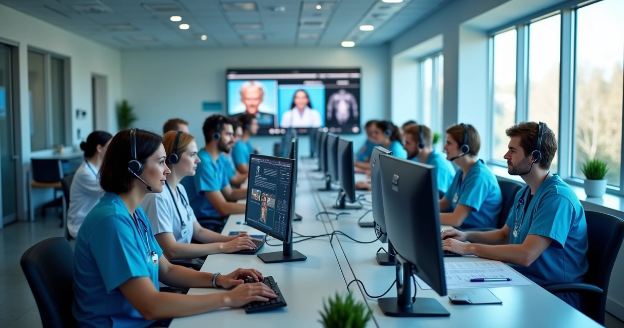 Equipe médica realiza atendimento virtual em centro de telemedicina