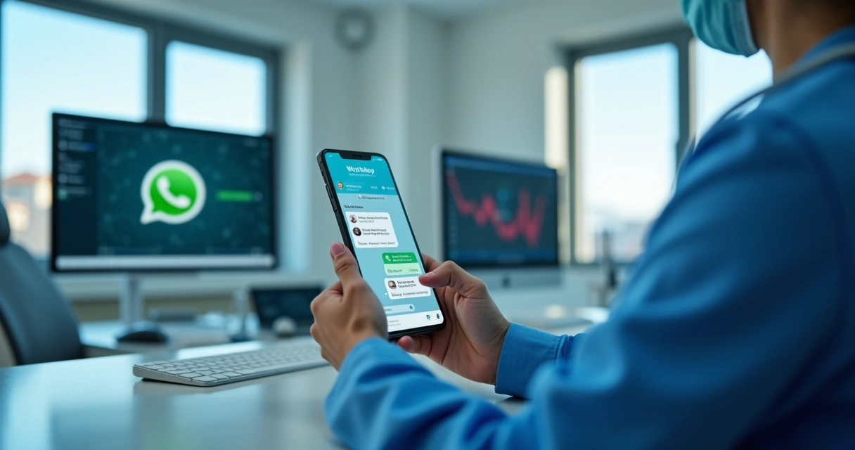 Médico consultando mensagens no celular com interface do WhatsApp Business API em ambiente de clínica 