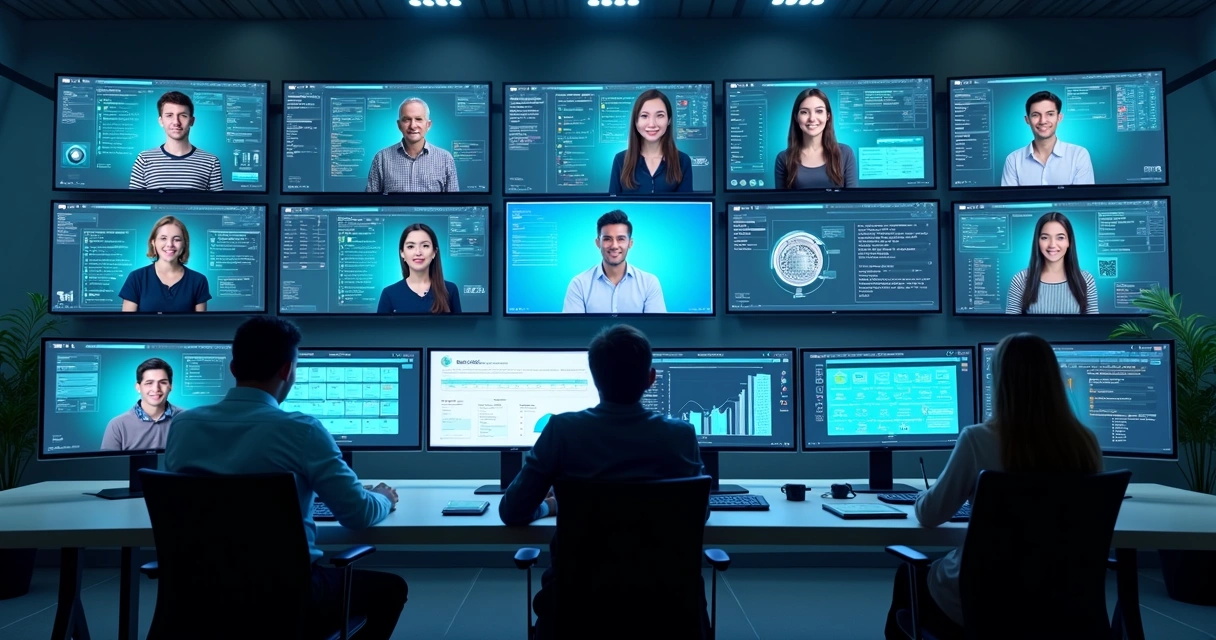 Central de atendimento digital com múltiplos agentes de IA, telas mostrando especialidades diferentes 