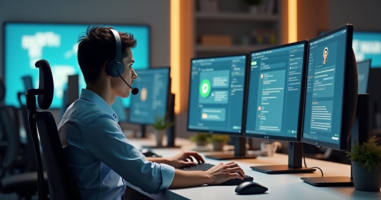 Operadora de call center atendendo em múltiplos canais de comunicação 