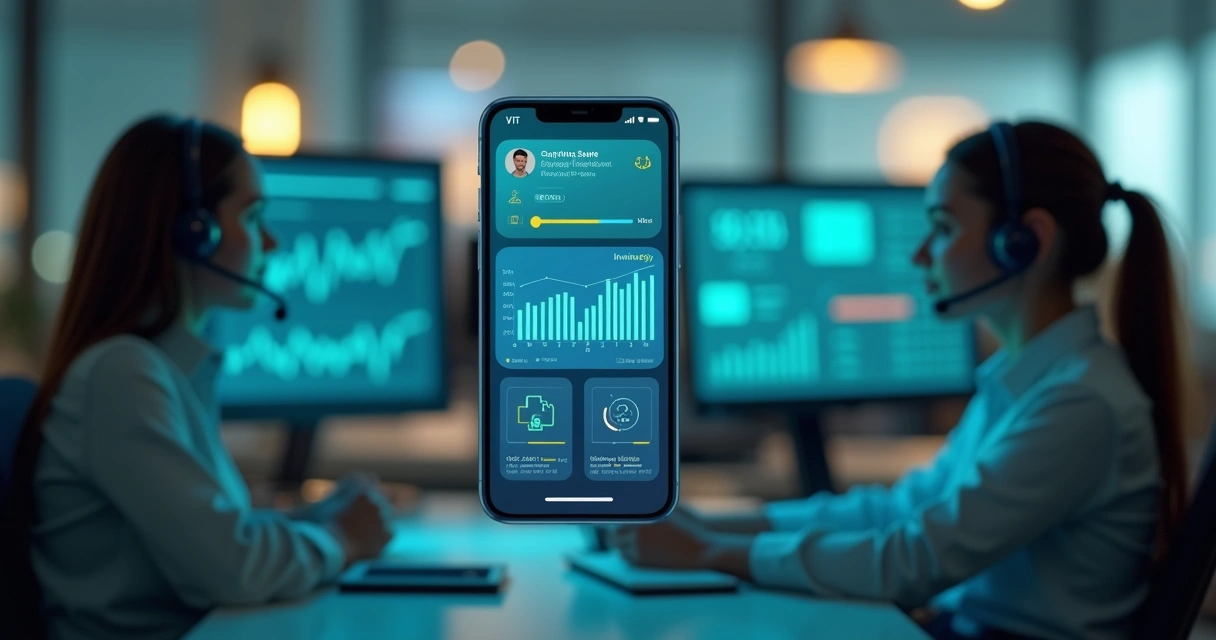 Atendente virtual em tela de celular ao lado de gestores diante de computador e gráficos de atendimento no fundo