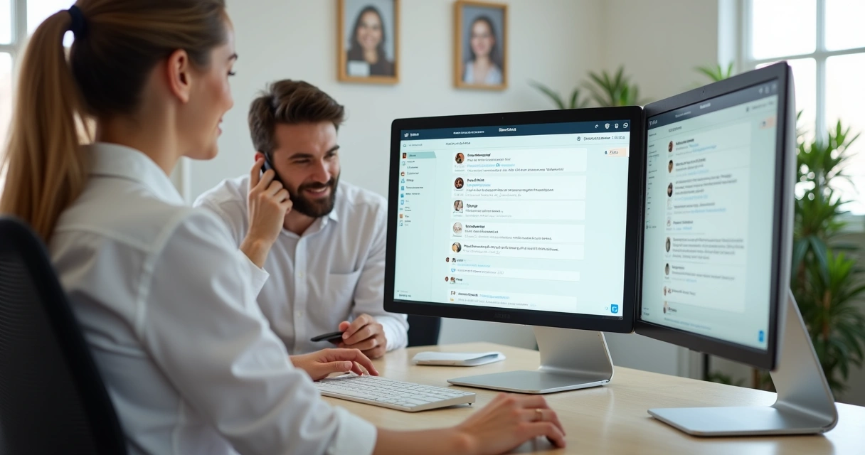 Equipe de clínica de estética atendendo clientes pelo telefone e redes sociais no computador 