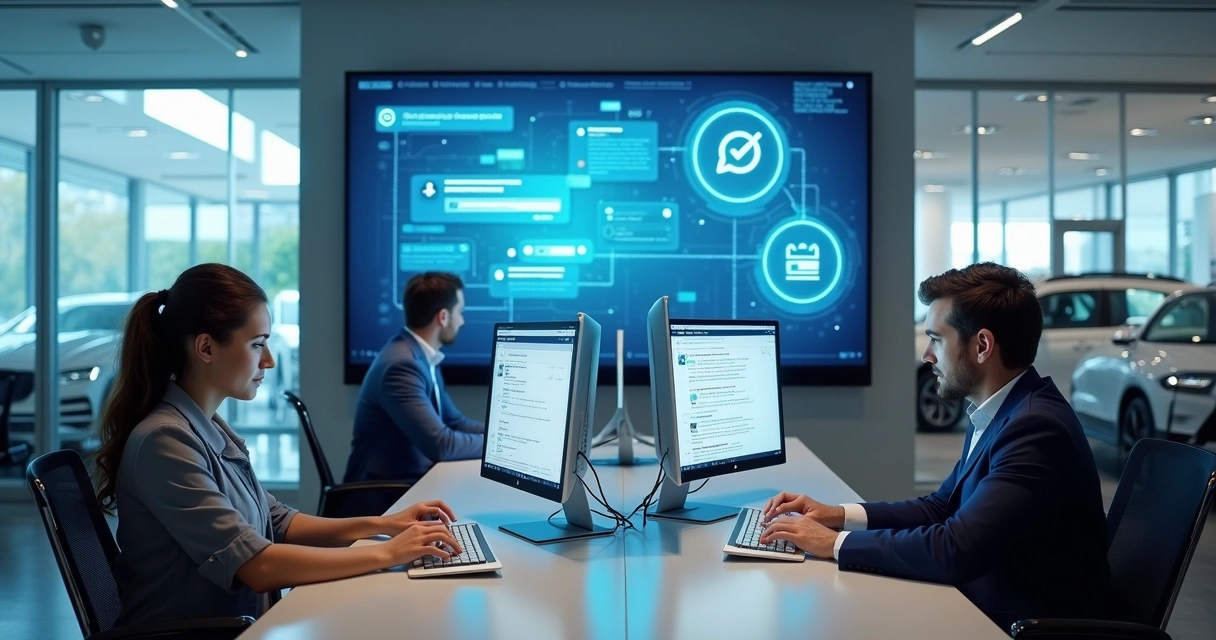 Equipe de concessionária atendendo clientes em telas diferentes 