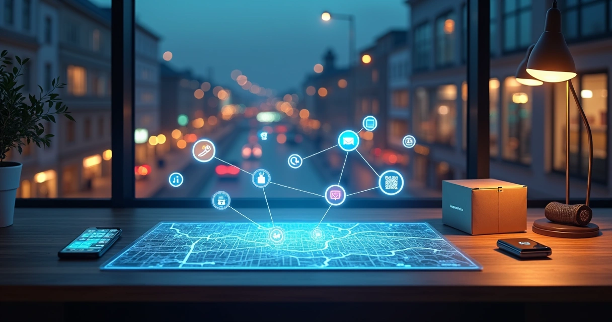 Mapa de atendimento multicanal de delivery com vários ícones conectados 