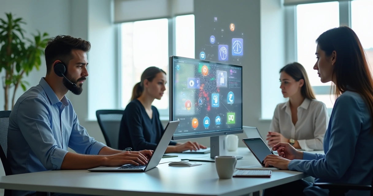 Equipe de atendimento usando telefone, chat e computador juntos 