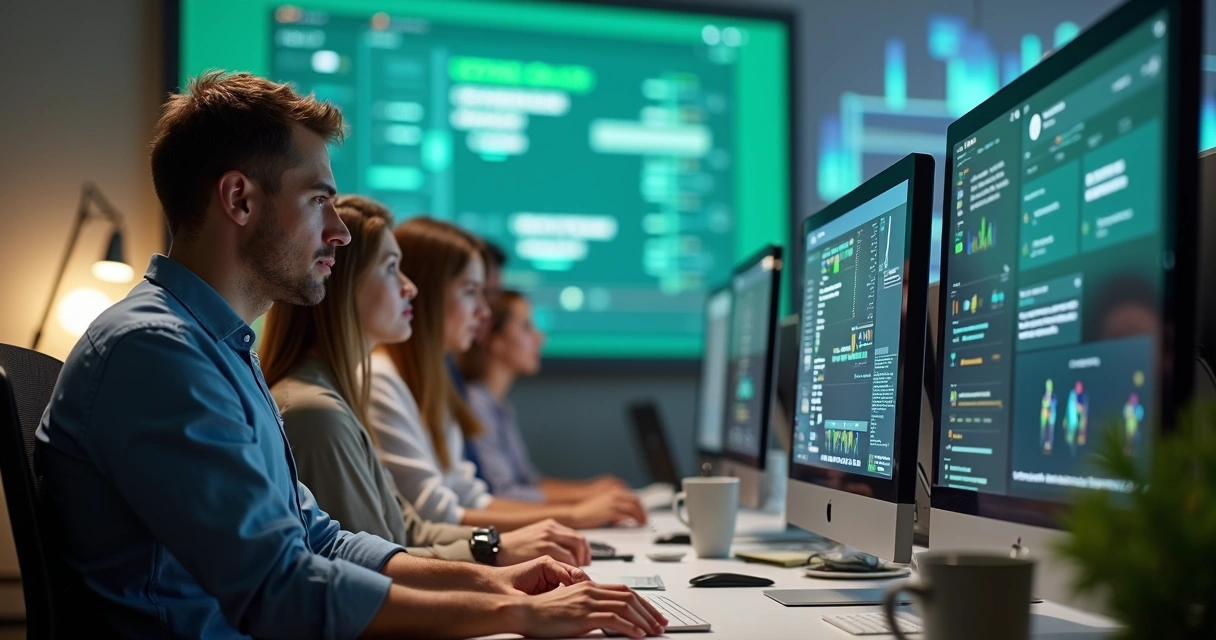 Equipe atendendo clientes em vários computadores 