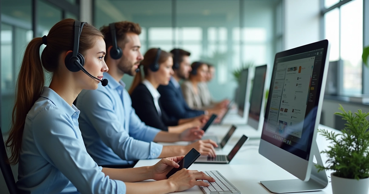 Equipe de atendimento usando múltiplos dispositivos conectados em ambiente corporativo 