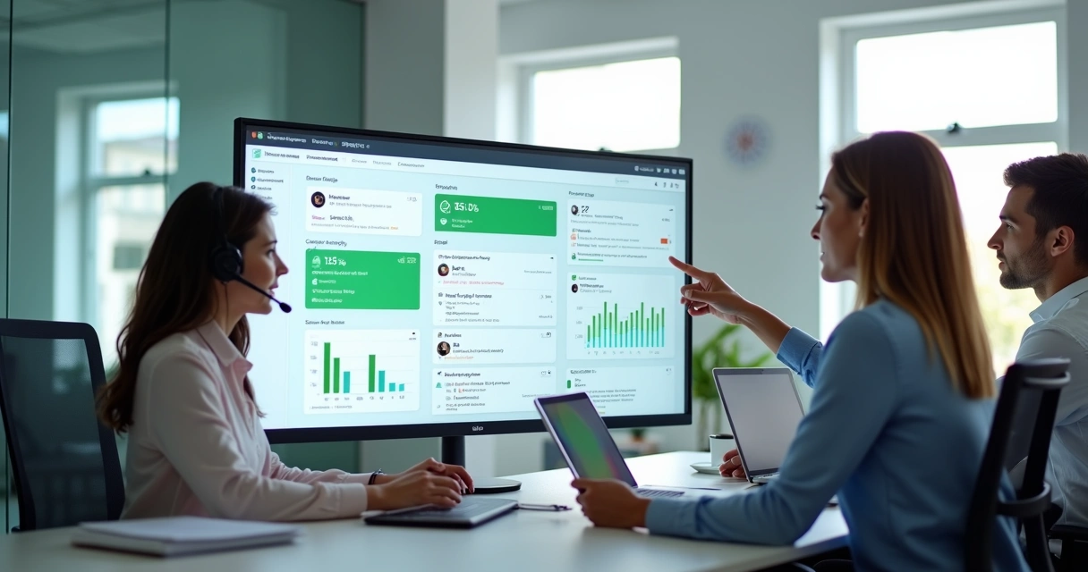 Equipe de atendimento observando painel de mensagens de múltiplos canais 