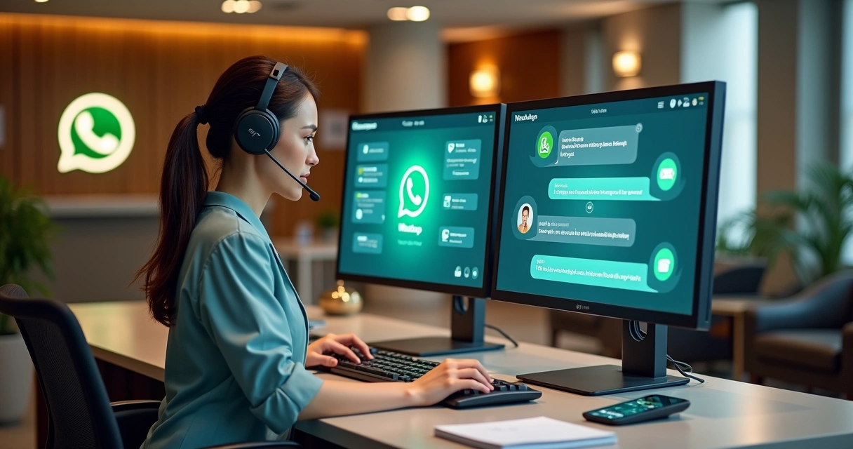 Recepcionista de hotel atendendo WhatsApp chat e telefone em plataforma integrada 