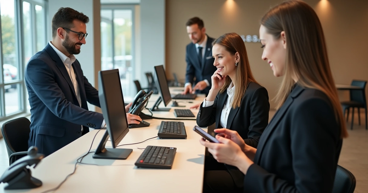 Equipe de atendimento de hotel usando computador, telefone e celular em ambiente moderno 