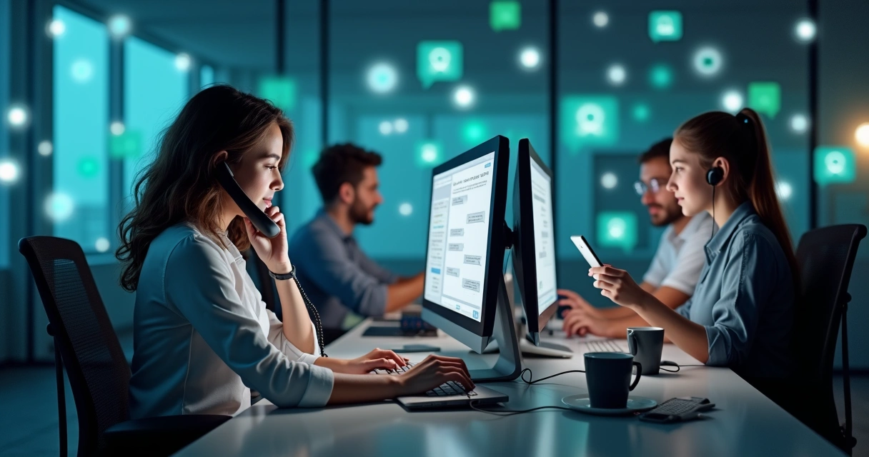 Atendentes usando telefone, computador e celular em ambiente de atendimento multicanal