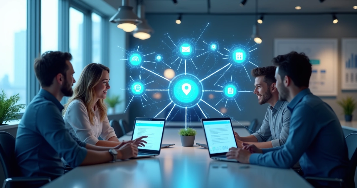 Equipe de pequenas empresas usando telas digitais conectando diferentes canais de atendimento