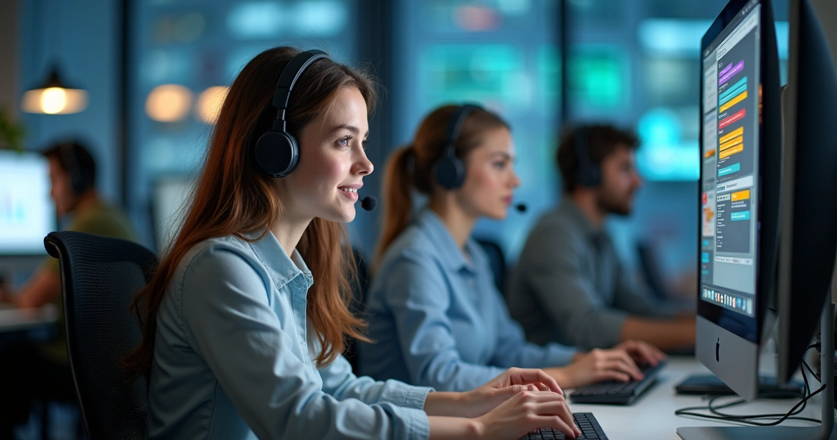 Equipe suporte TI usando chat, email e telefone