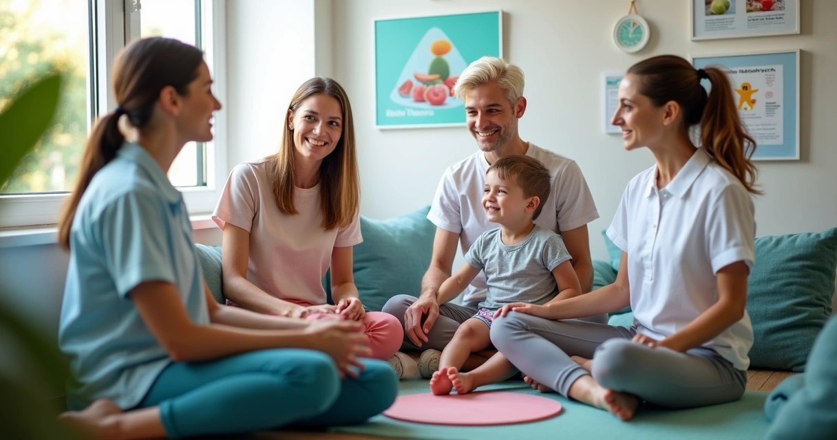 Profissionais de saúde avaliando família reunida 