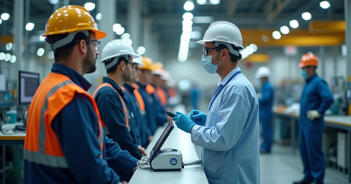 Profissional de saúde realizando exame ocupacional dentro da empresa cliente com funcionários alinhados para o teste 