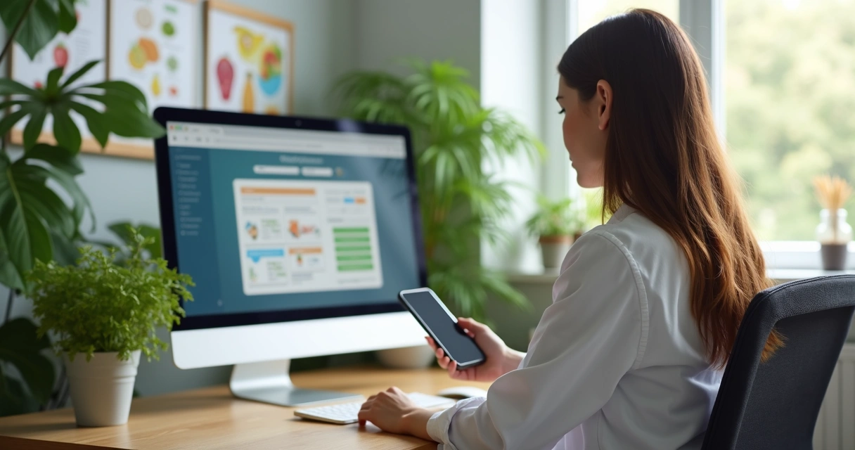 Nutricionista usando computador para consultoria online 