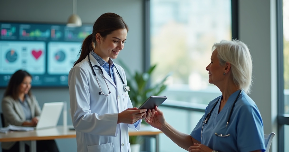 Profissionais de nutrição utilizando tablets em clínica moderna 