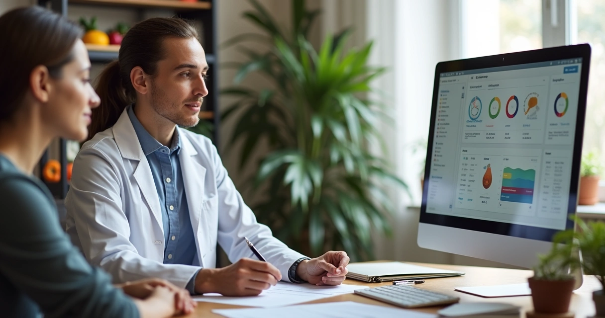 Nutricionista atende paciente com computador ao lado na sala de consulta