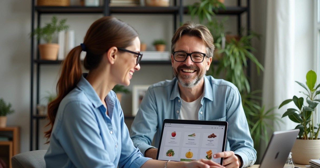 Nutricionista atendendo paciente online, ambos sorridentes 