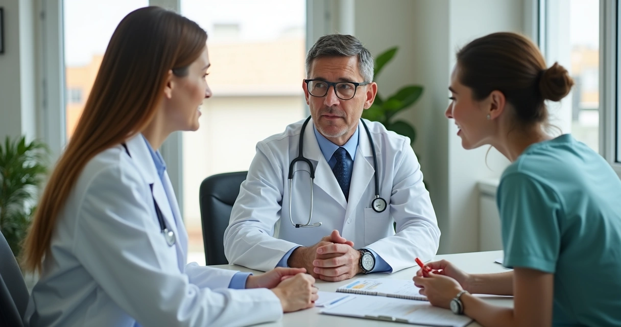 Equipe multidisciplinar em atendimento clínico com paciente sentado 