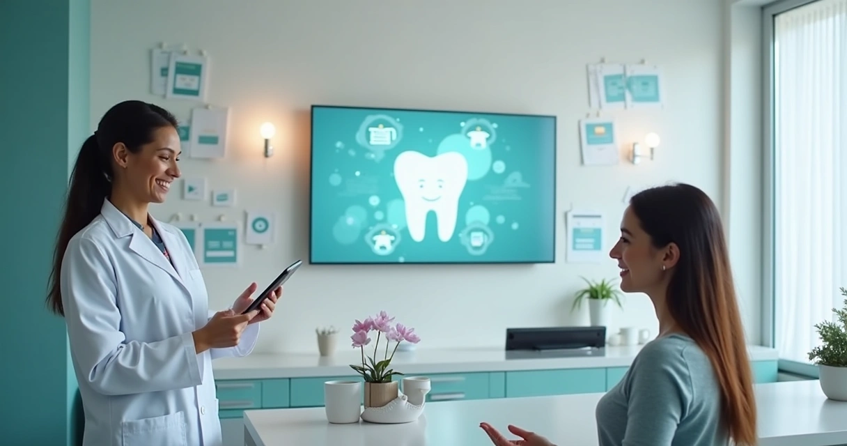 Dentista conversa com paciente usando tablet na recepção de uma clínica