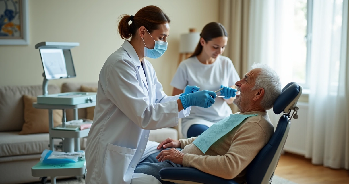 Dentista atendendo idoso em casa com equipamentos portáteis 