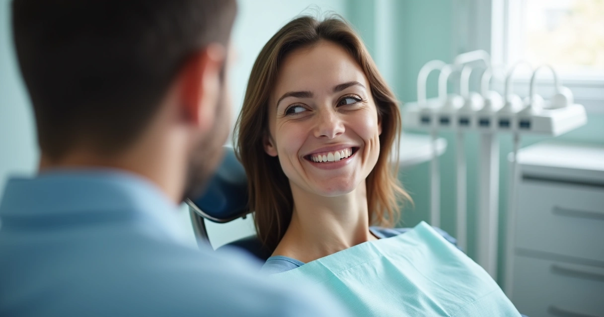 Dentista conversando com paciente em consultório odontológico, ambos sorrindo 