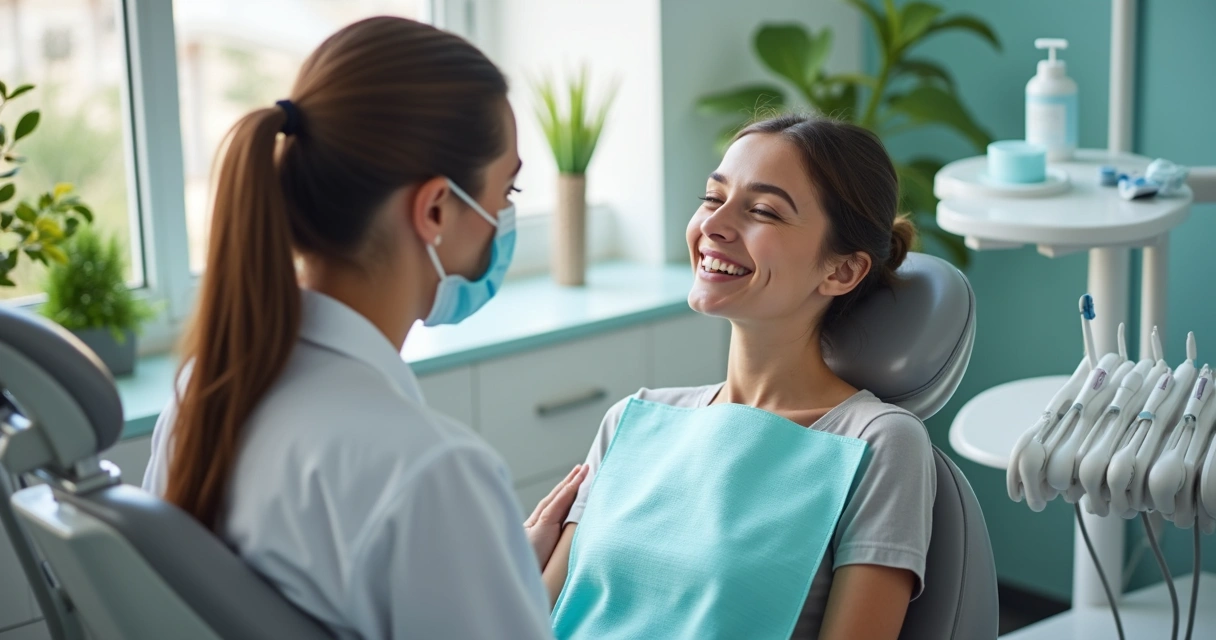 Dentista atendendo paciente em consultório moderno